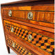 Louis XVI commode with marquetry featuring a design of precious wood cubes, 18th century.