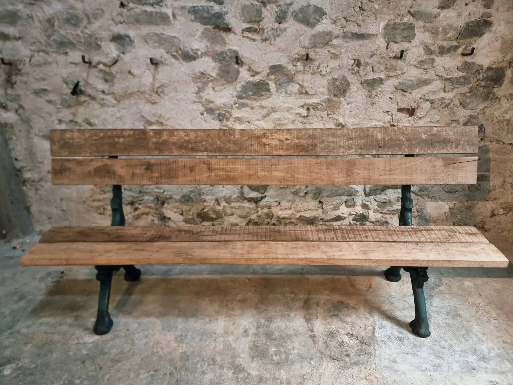 Antique French park bench in cast iron and oak – Sea green patina, 220 cm