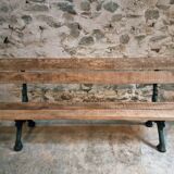Antique French park bench in cast iron and oak – Sea green patina, 220 cm