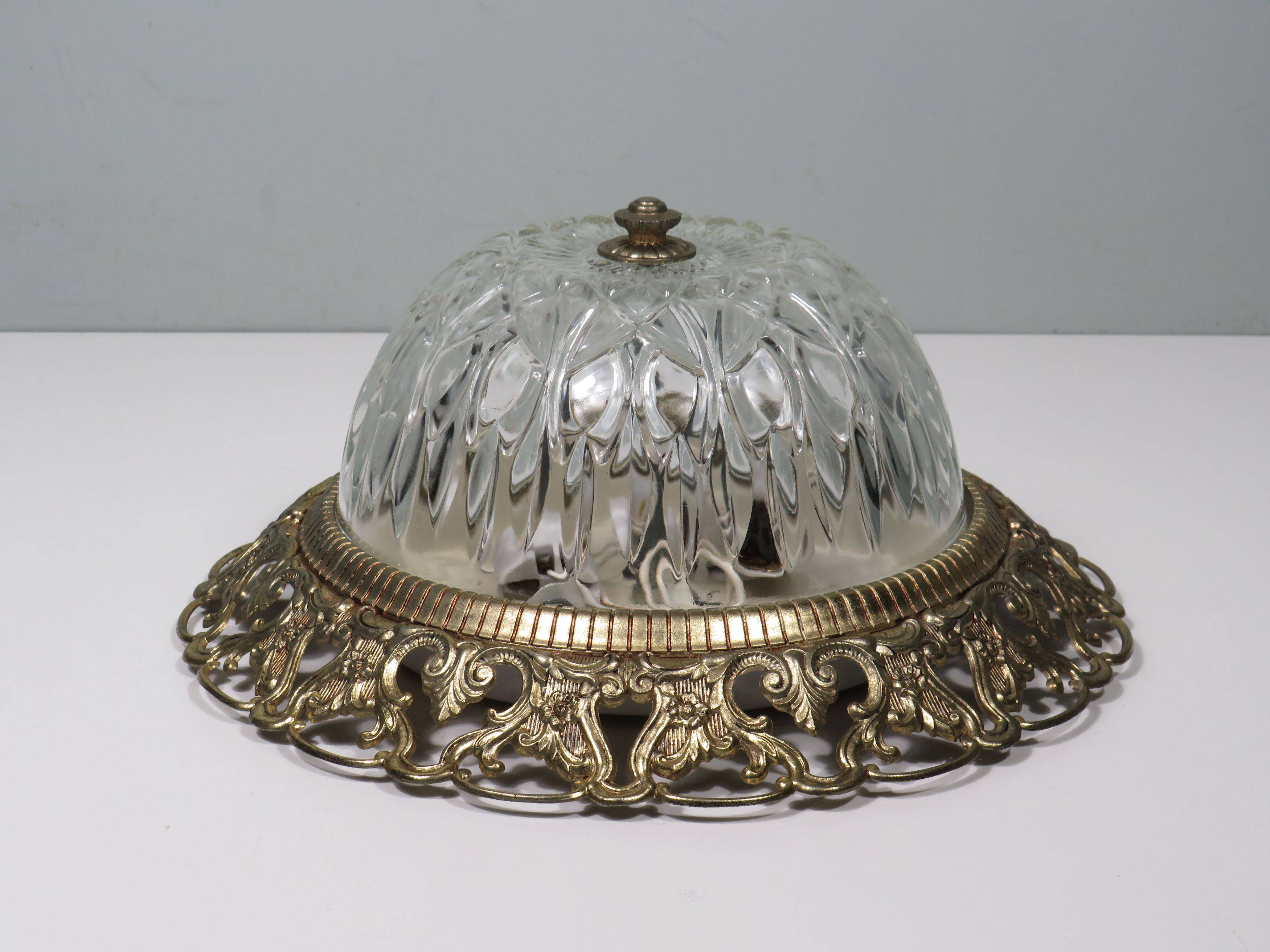 Hollywood Regency ceiling light, cut glass and openwork gold edge.