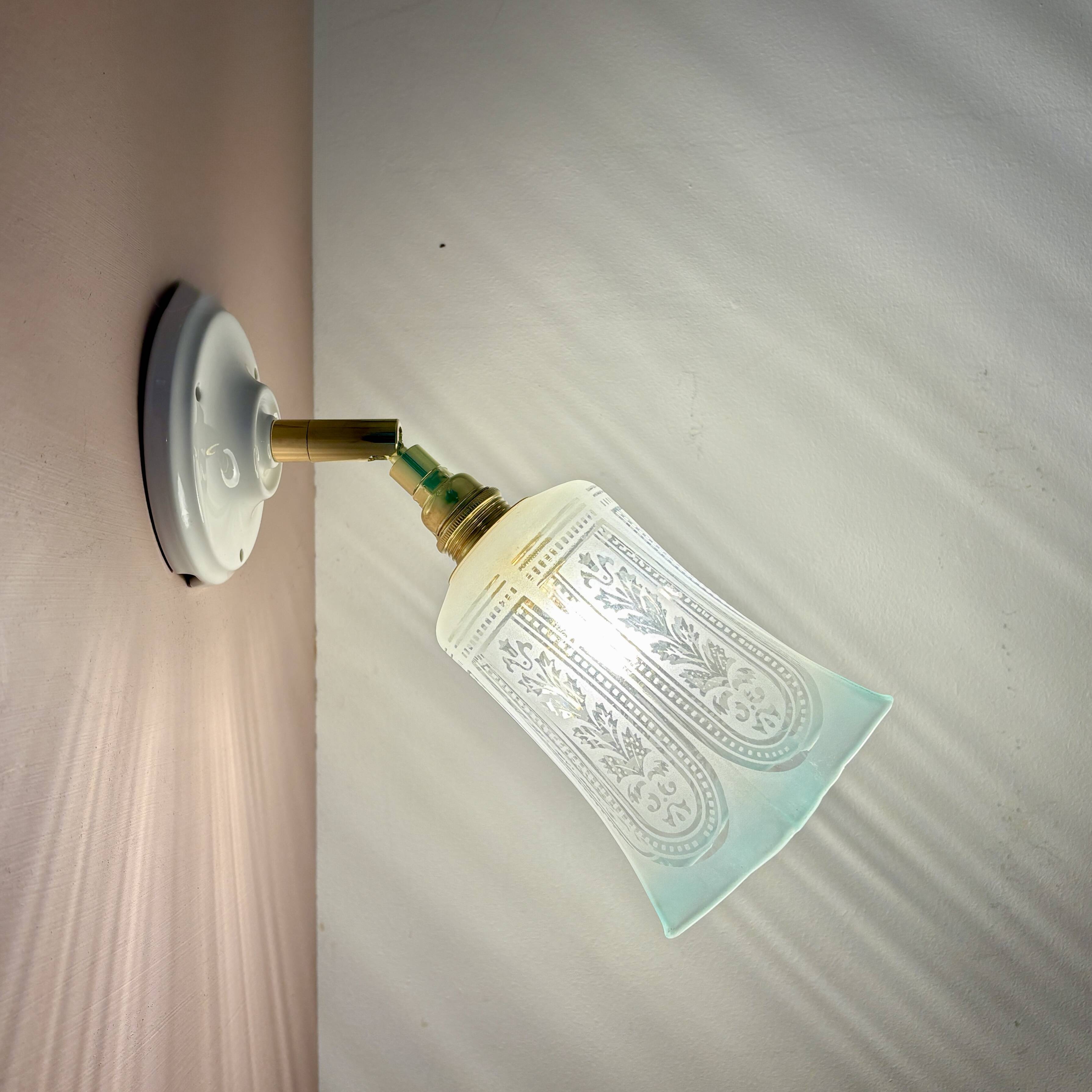 Vintage tulip wall lamp in white and blue frosted glass