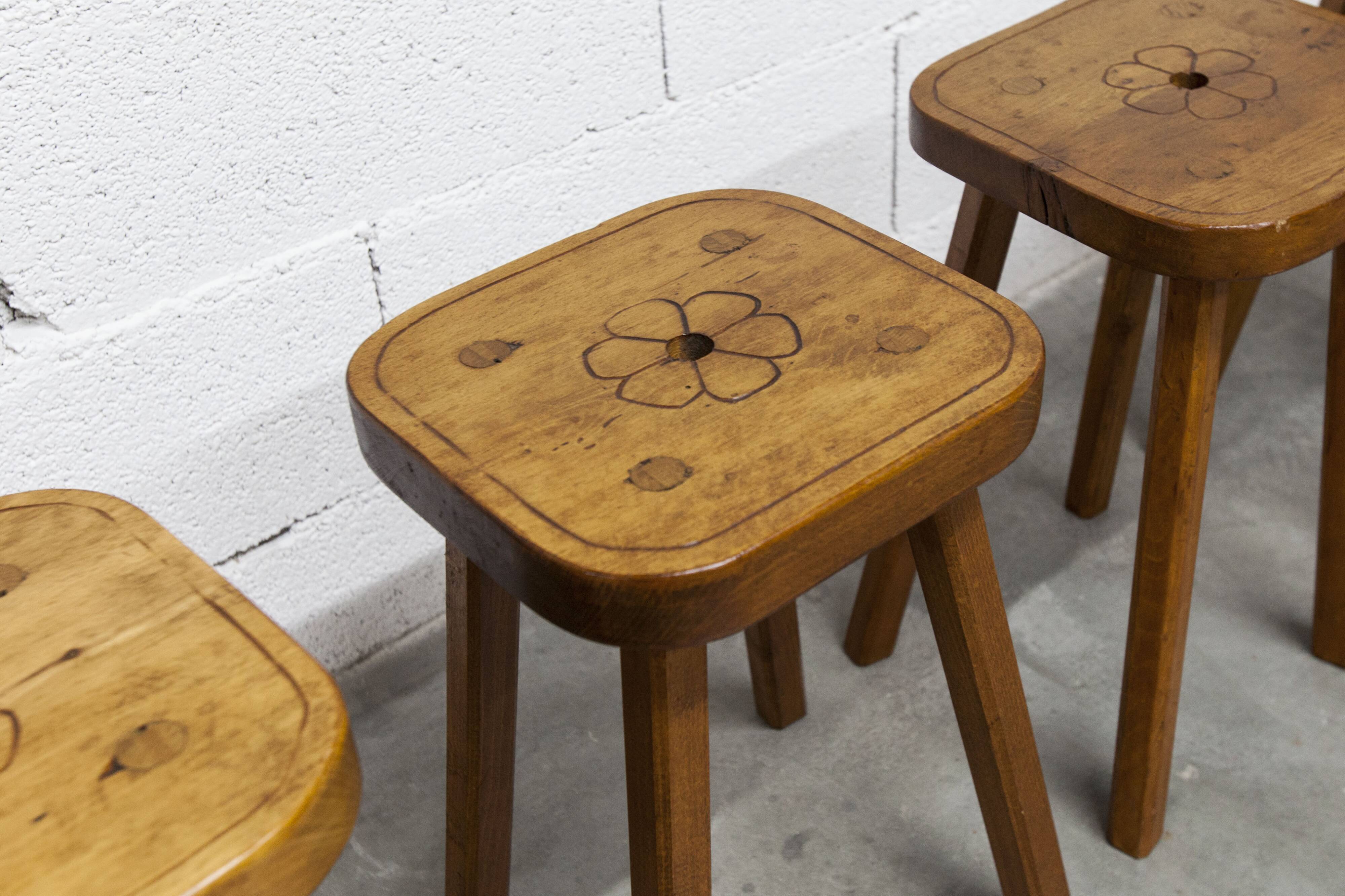 Set of 4 brutalist stools, handcrafted, 1960, flower.