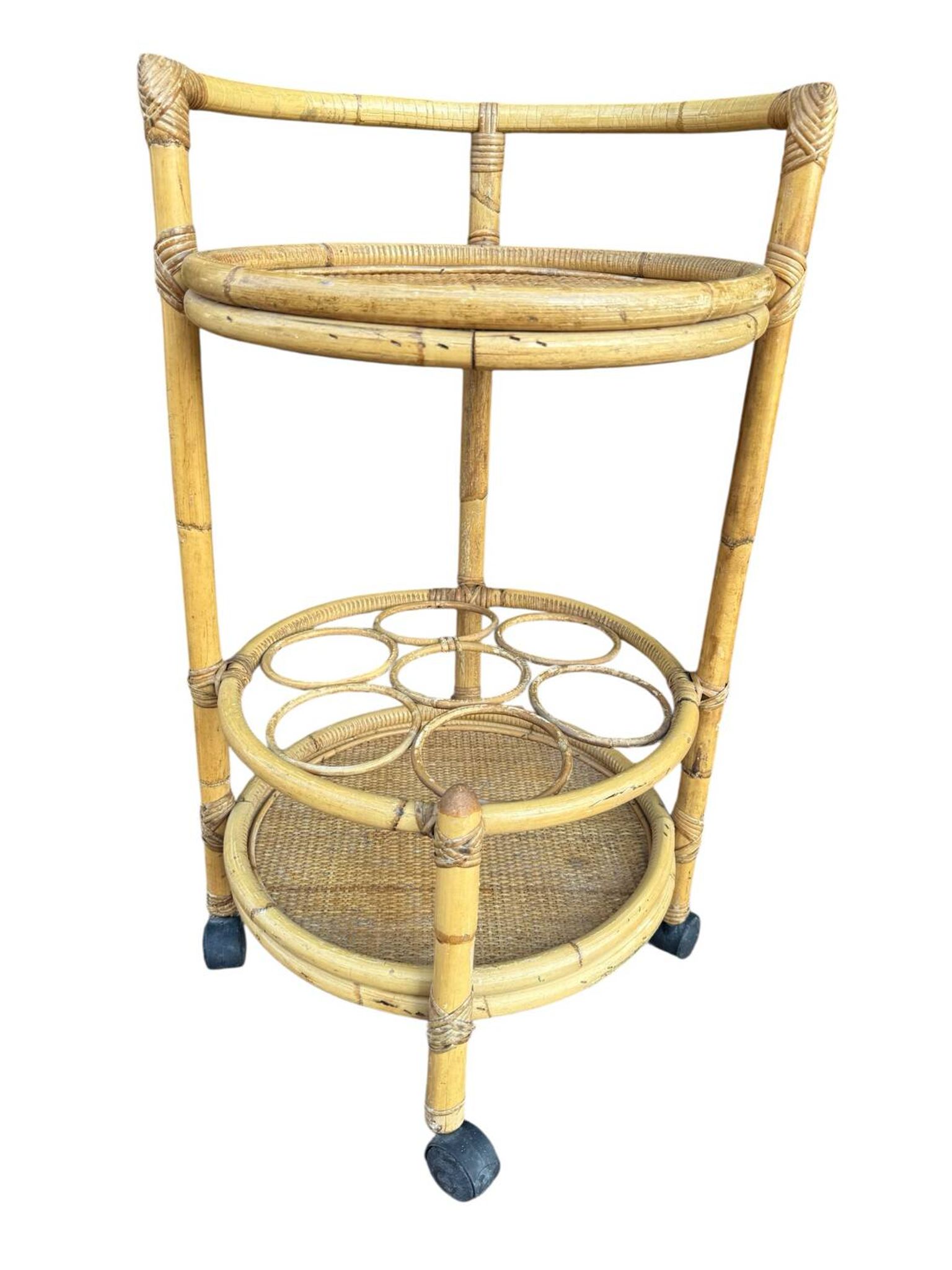 1960s rattan bottle holder rolling table