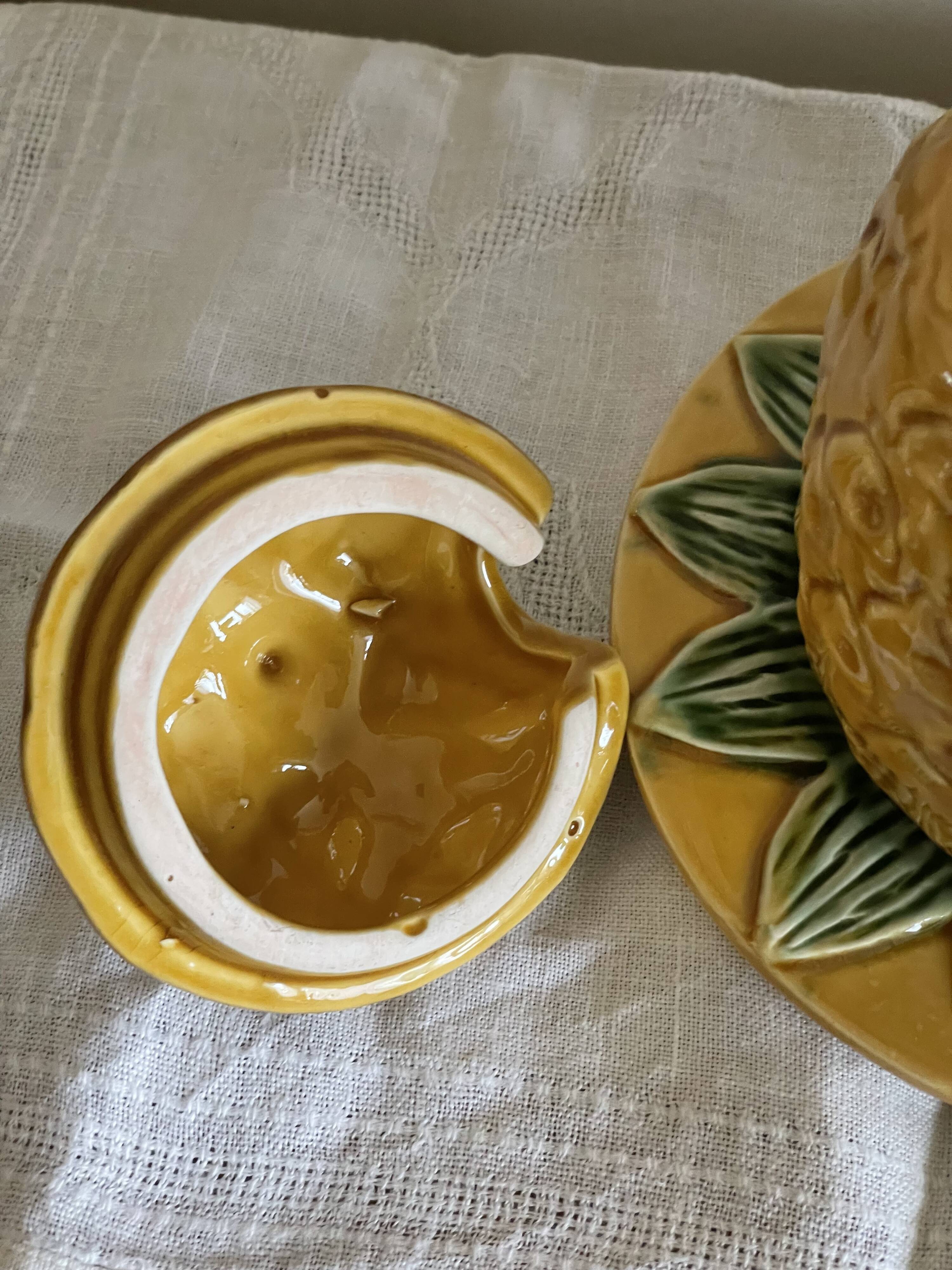 Jam pot, pineapple sugar bowl in slip