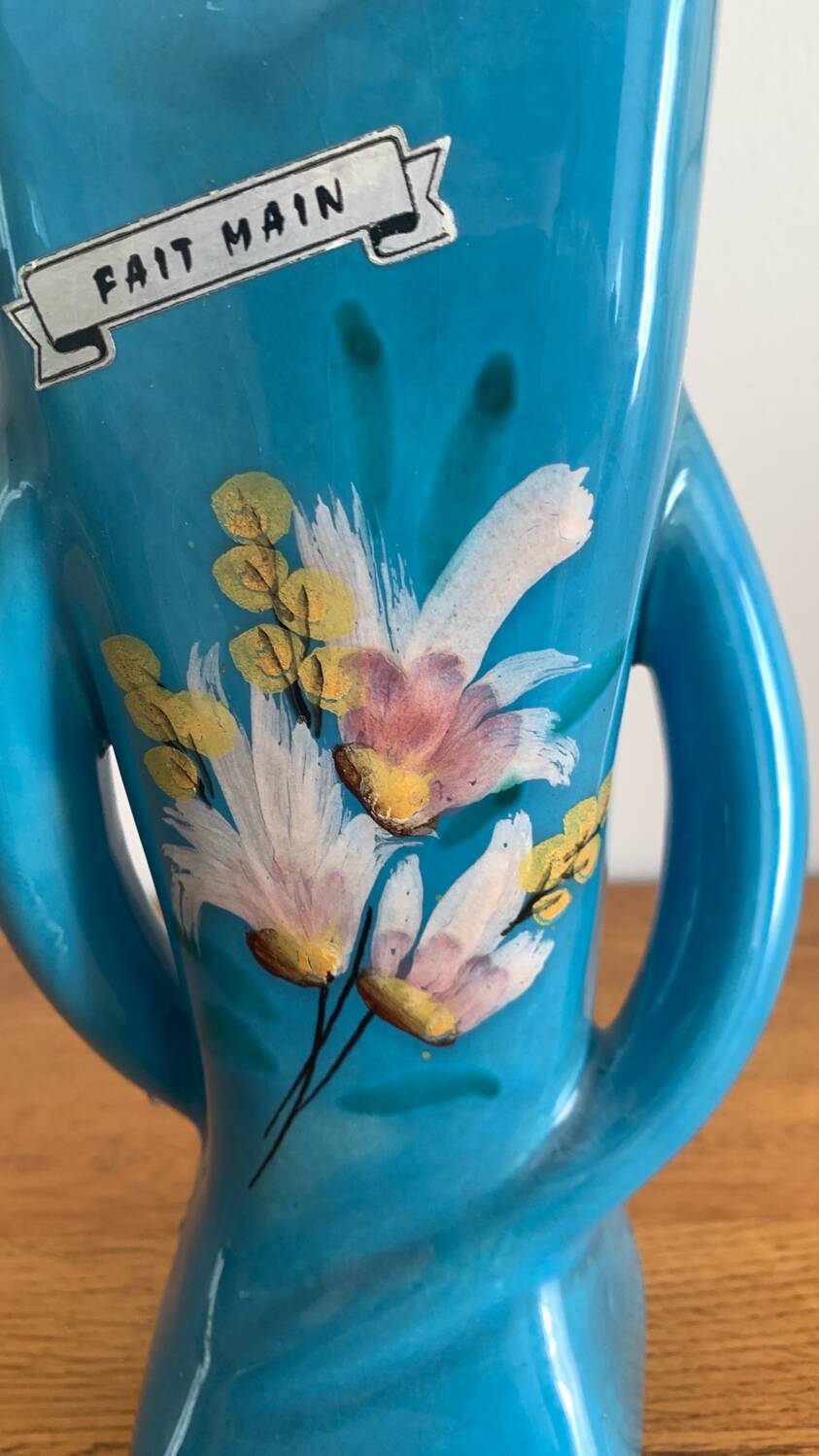 Sculptural vase in azure blue ceramic, hand-painted floral decoration –
