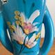 Sculptural vase in azure blue ceramic, hand-painted floral decoration –