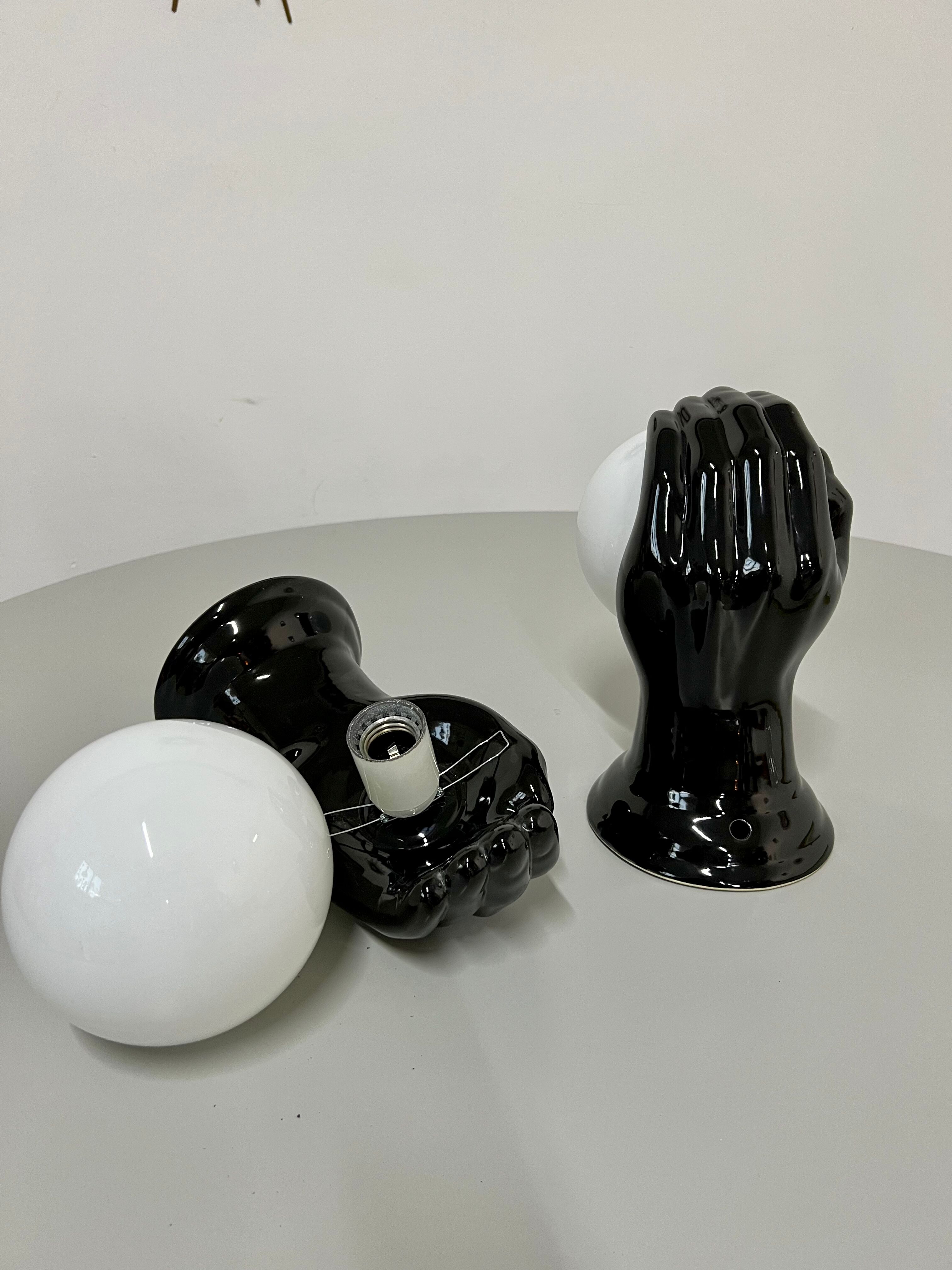 2 black ceramic hand lamps from the 70s / vintage and opaline lamp