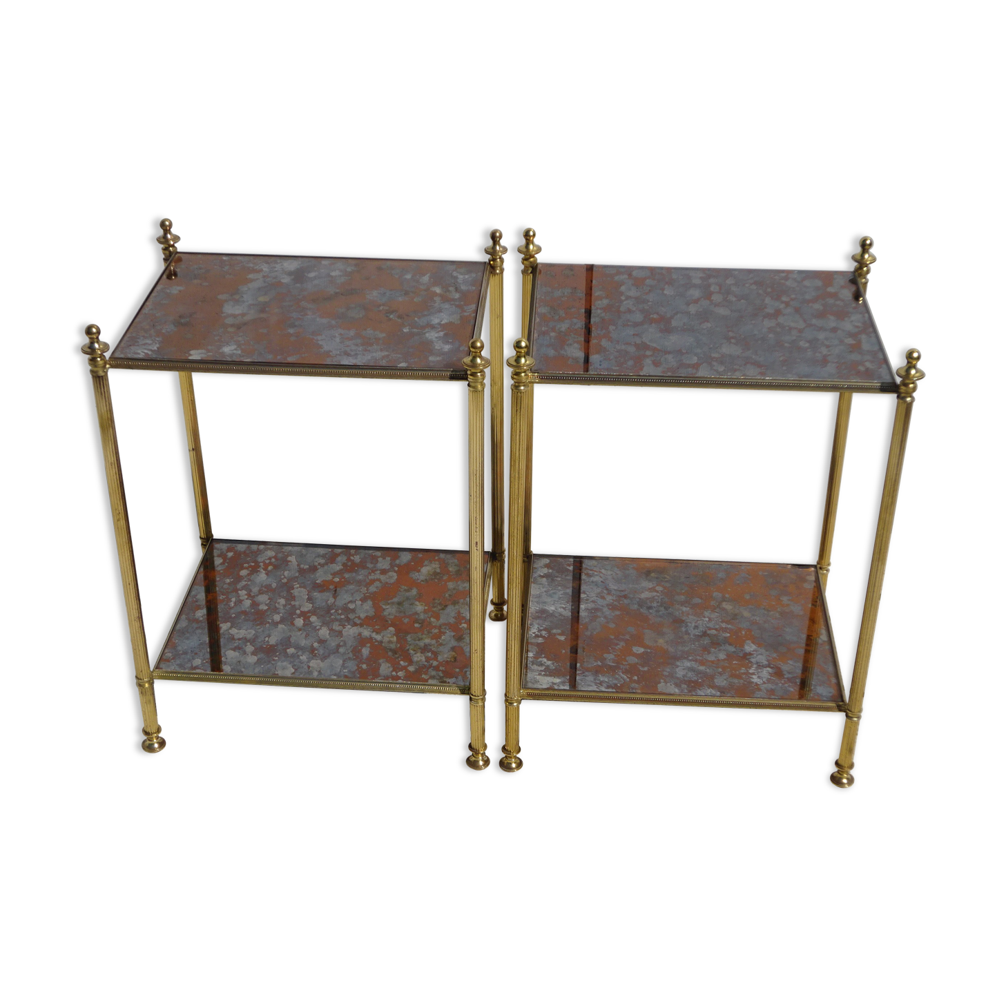 Pair of bedside tables in gilded brass and glass, midcentury
