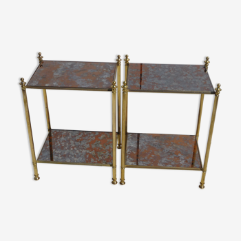Pair of bedside tables in gilded brass and glass, midcentury