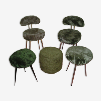Set of 2 chairs Pelfran 2 stools and 1 ottoman, green moumoute 1970
