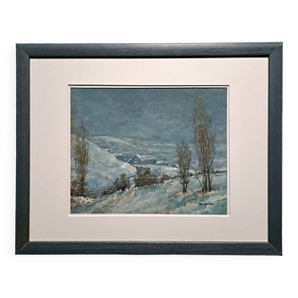 Impressionist painting - signed oil on panel - winter landscape 20th century