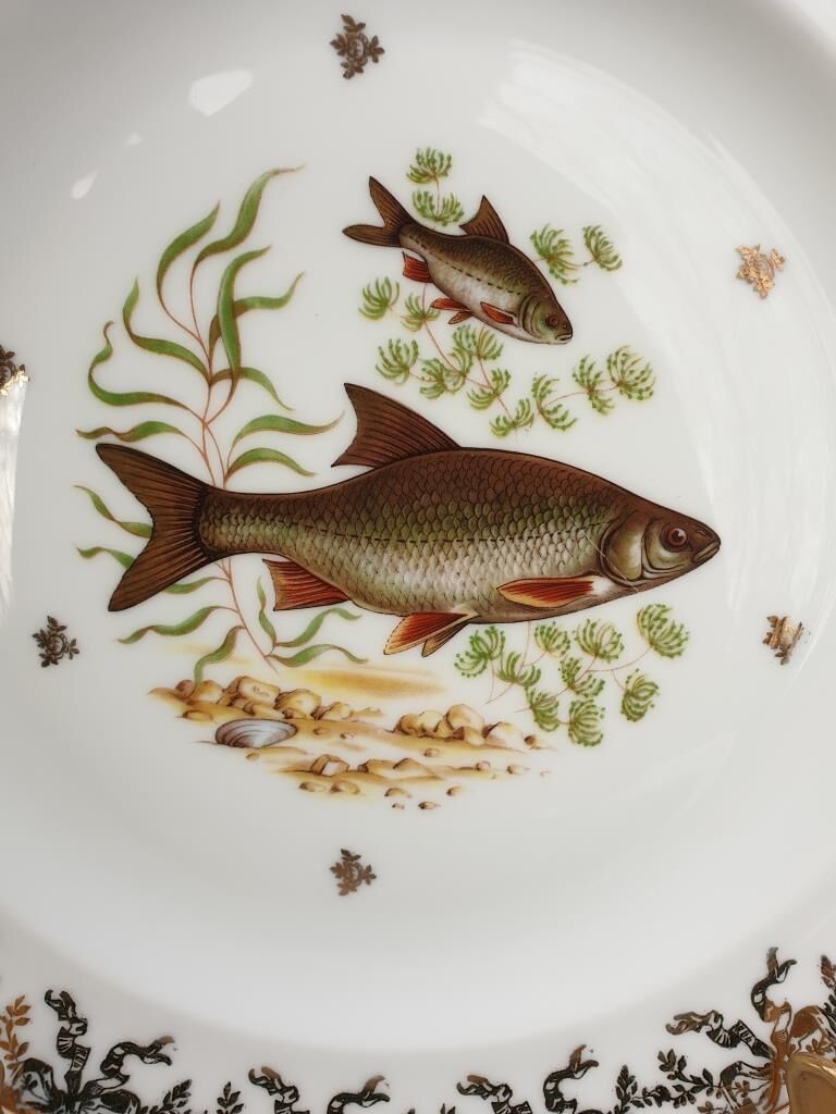 Set 12 plates porcelain gold fine fish fern limousine de Chastagner