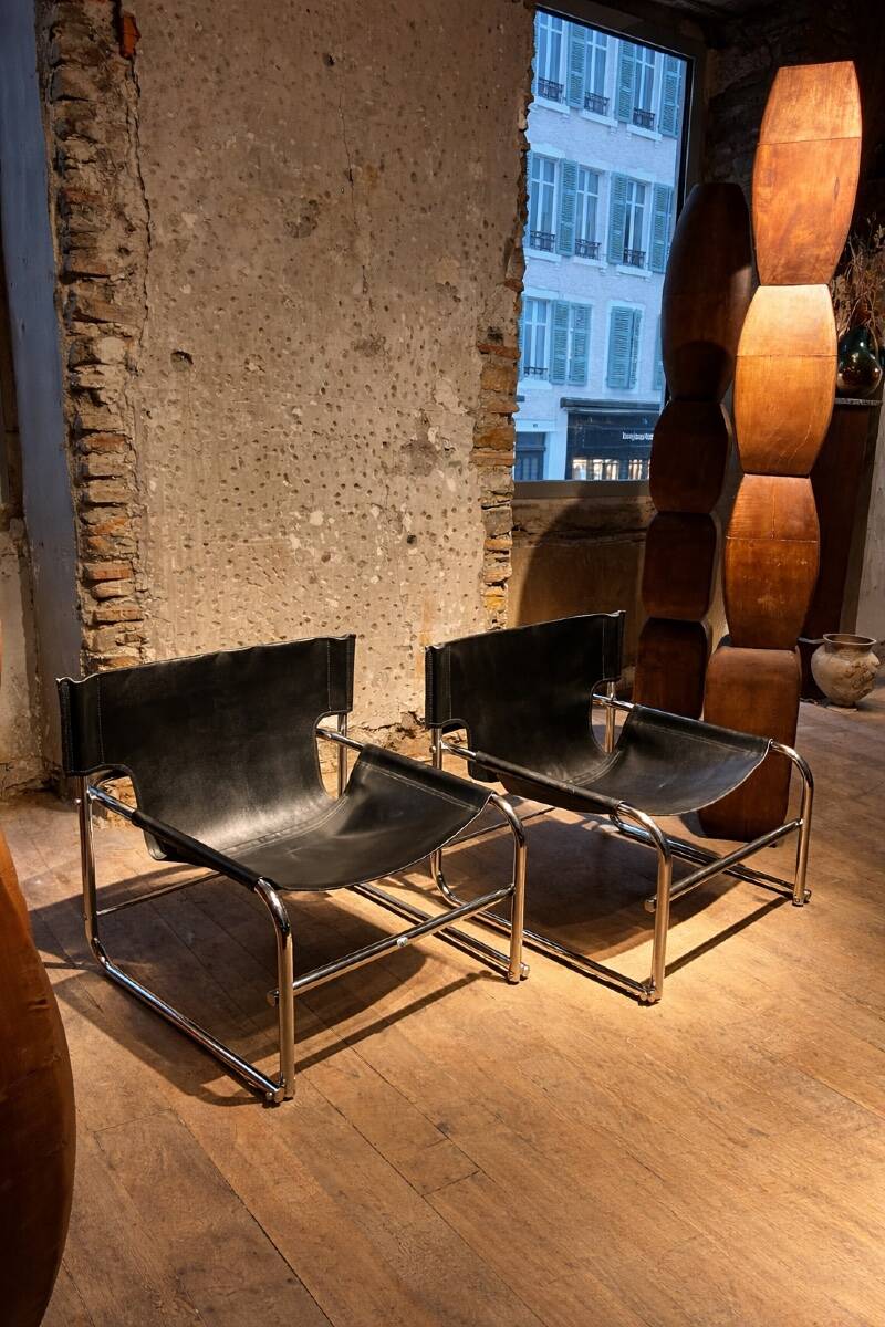 Pair of black leather armchairs T1 by Rodney Kinsman for Bieffeplast, 1967