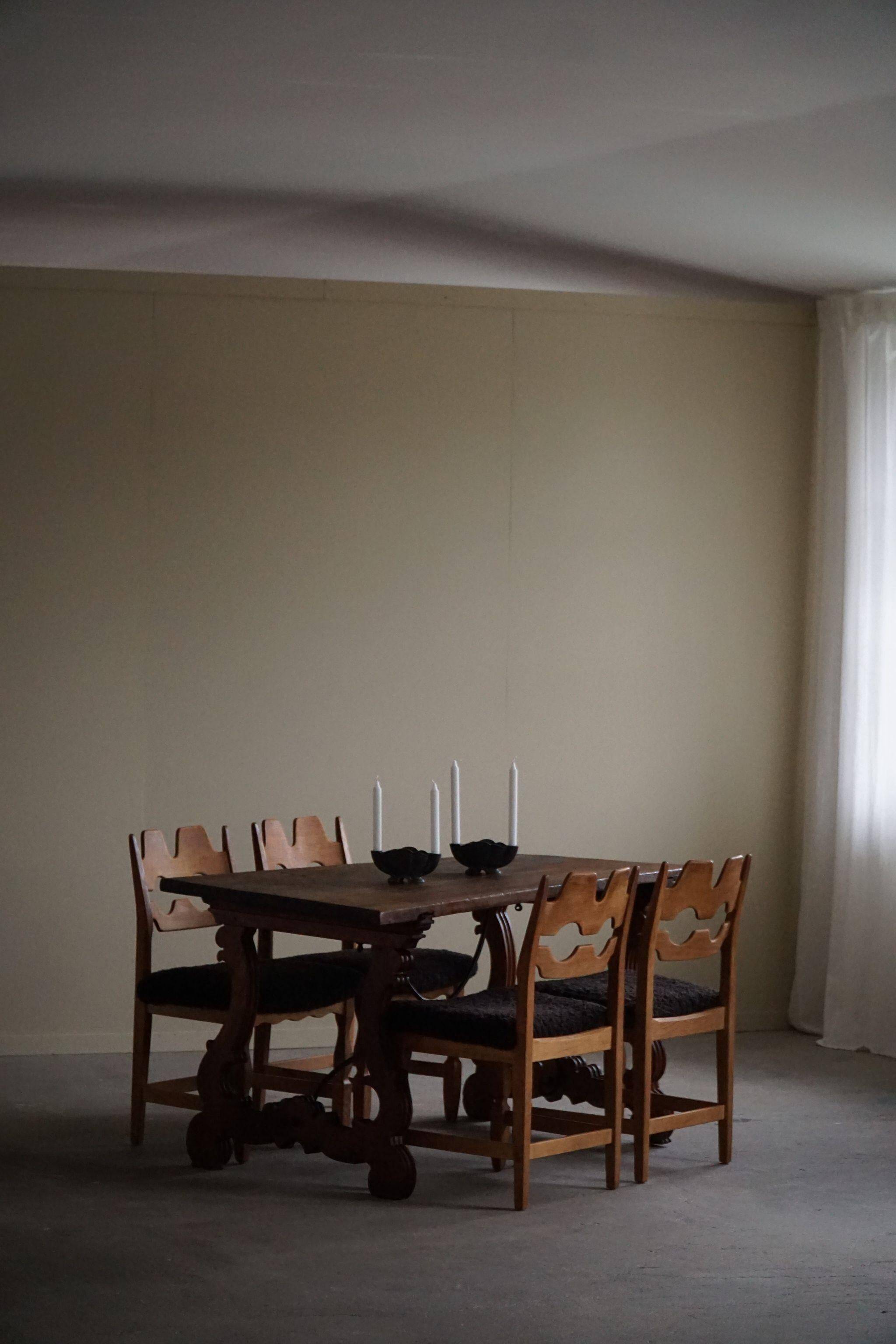Brutalist table in antique Spanish solid oak and wrought iron, 19th century.