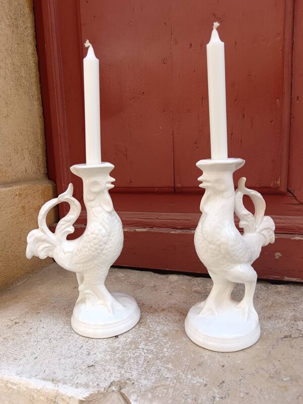 Paire de bougeoirs en forme de coq - Faïencerie de Saint Clément