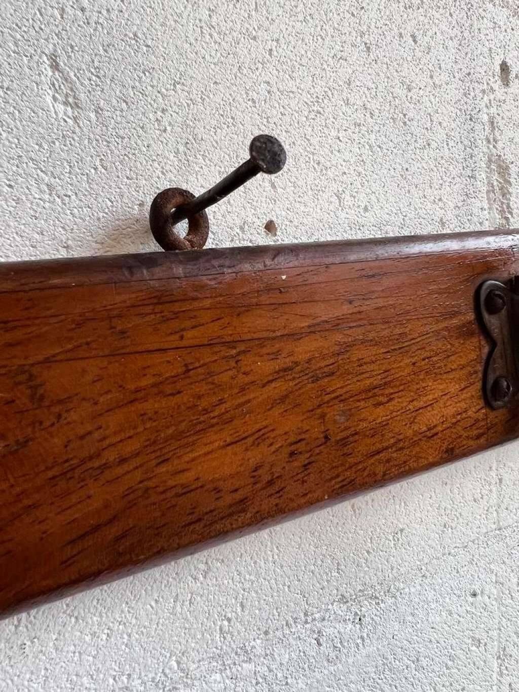 Vintage industrial wooden coat rack with porcelain hooks