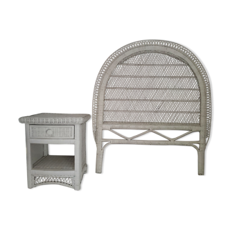 Headboard and bedside assembly in white rattan