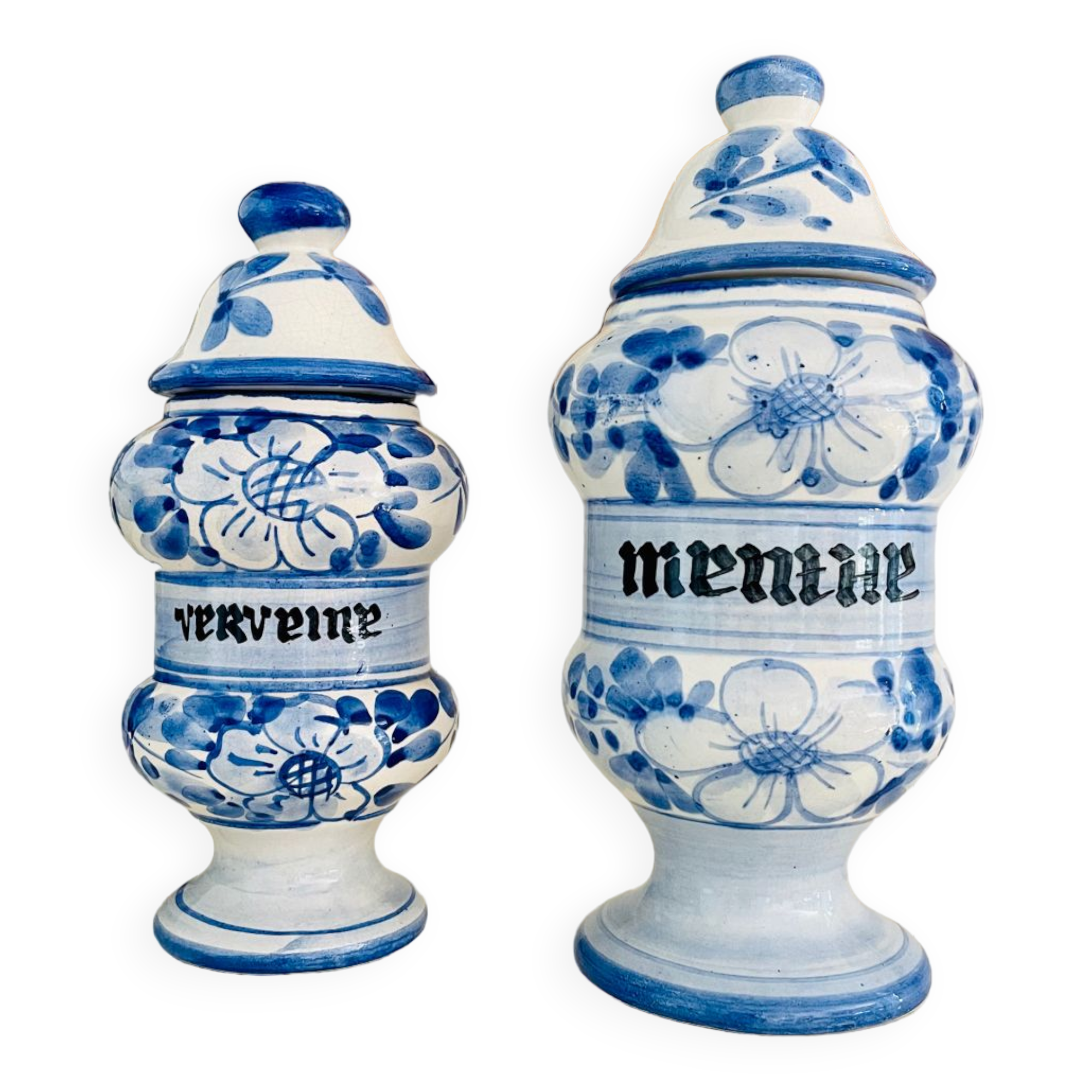 Set of two vintage painted ceramic apothecary pots