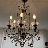 chandelier with 6 candlesticks and pink and transparent pendants
