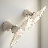 Pair of bistro wall sconces in scalloped opaline glass and Art Deco porcelain