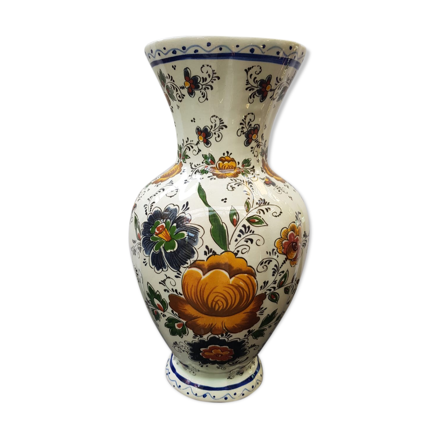 Old vase h becquet ceramic décor flowers made in belgium vintage