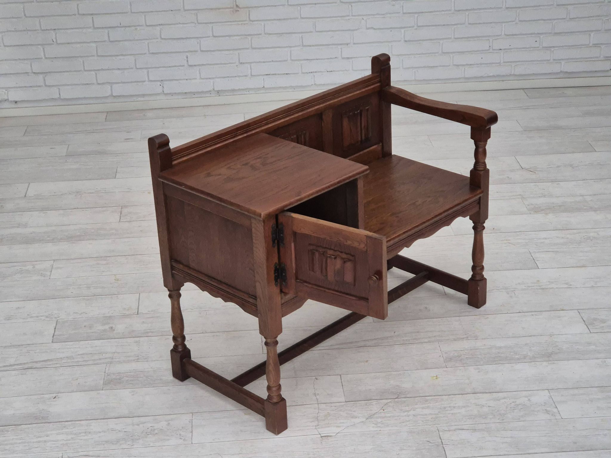 1960s, Danish bench, dark solid oak wood, plywood.