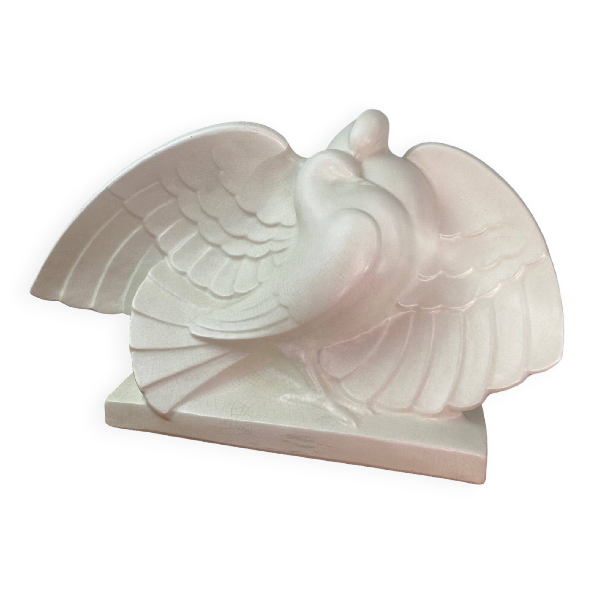 Cracked ceramic doves, signed Lejan