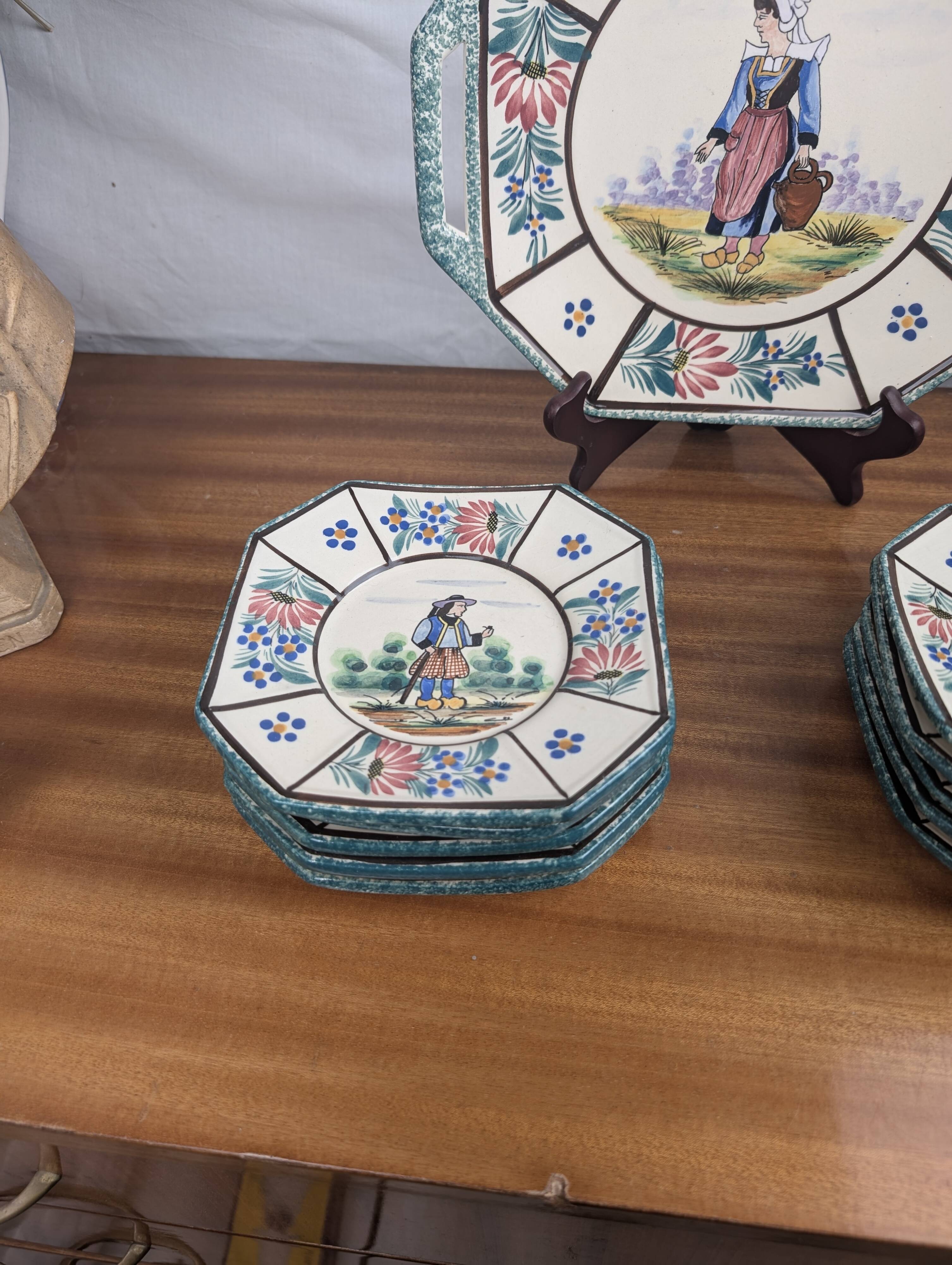 Henriot Quimper RM Octagonal Dessert Service Breton Couple Art Deco Style