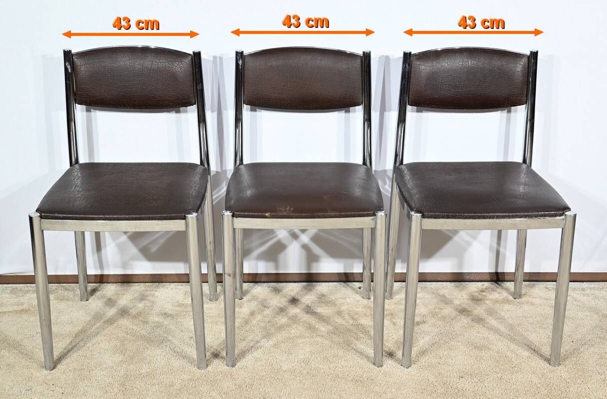 Suite of 3 Leather and Chrome Metal Chairs, attributed to Collomb Creation – 1970