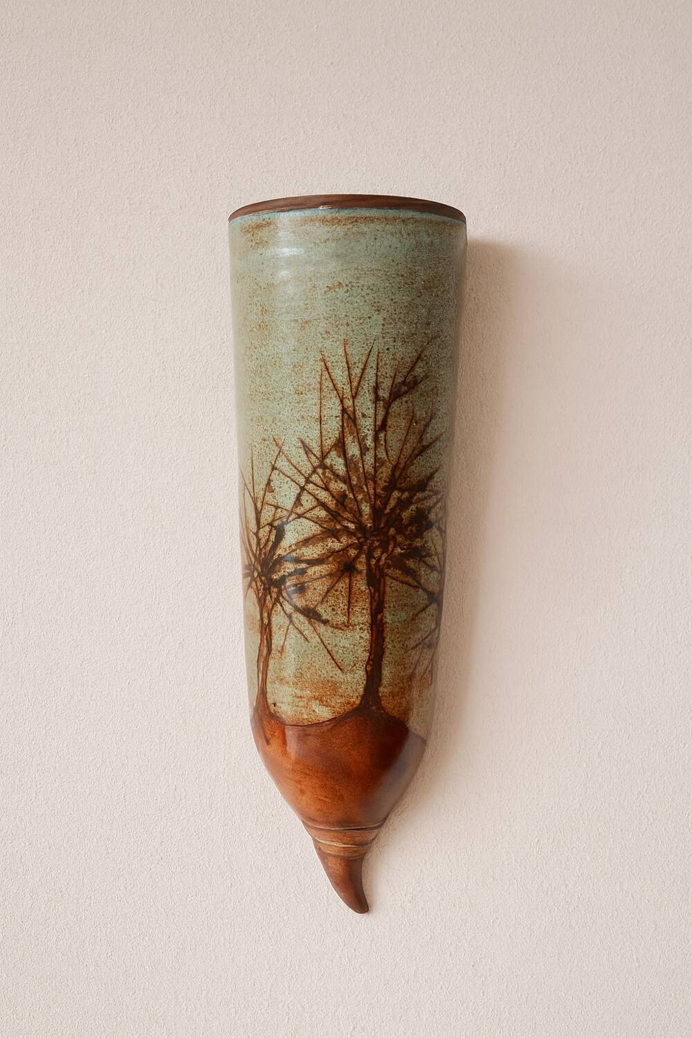 Glazed stoneware wall vase with tree decoration – ca. 1960–1980