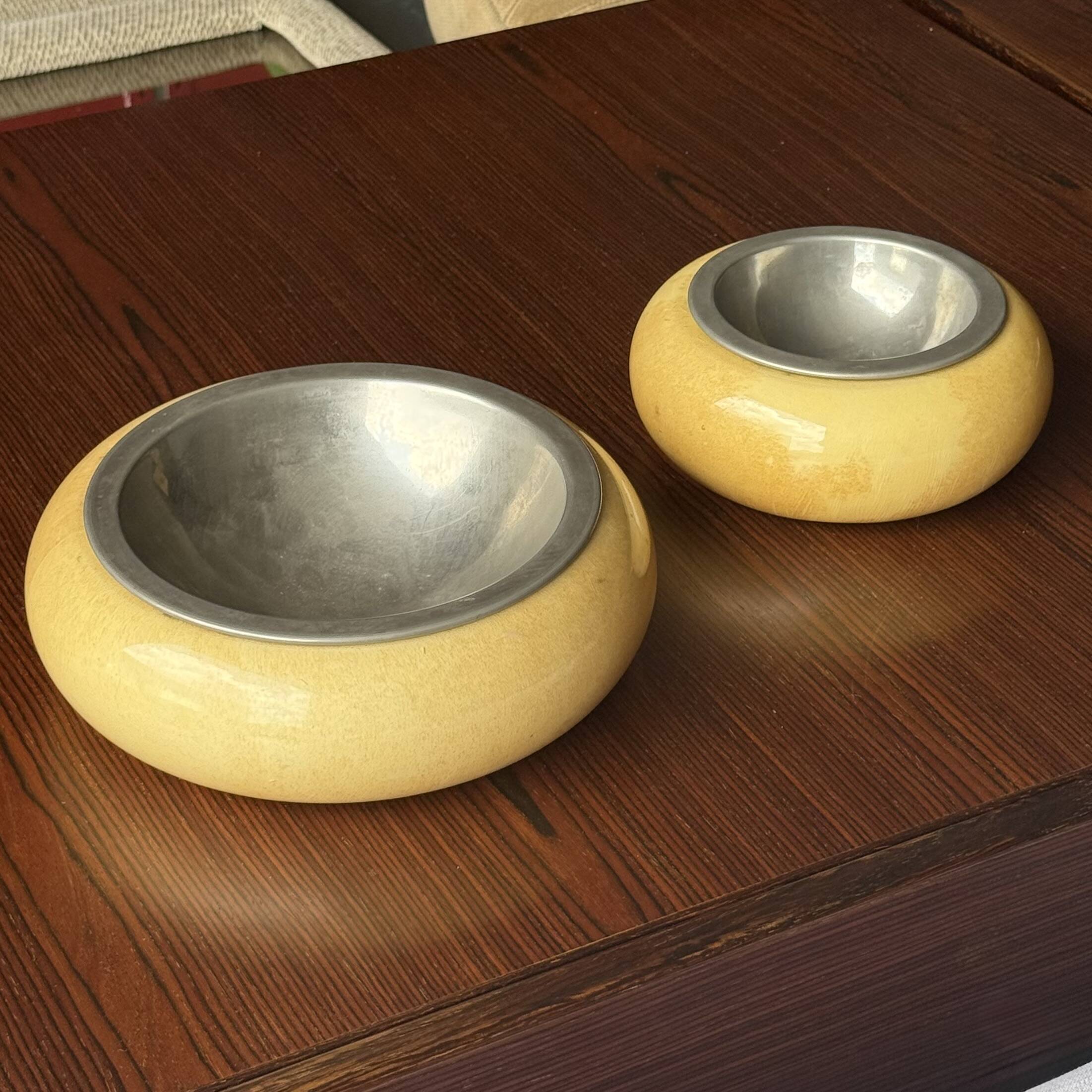 Set of two Aldo Tura bowls in goatskin and brass