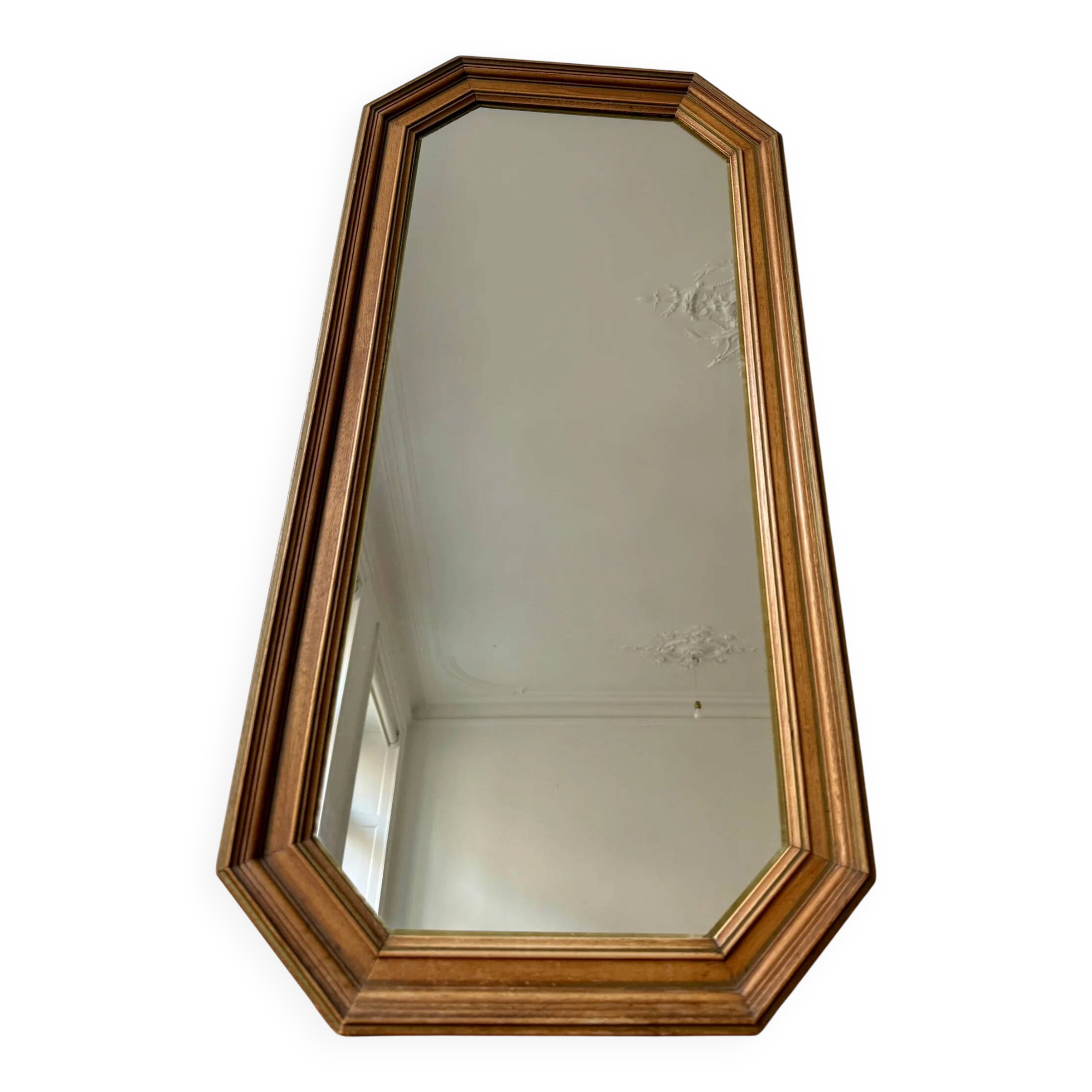 Miroir octogonal nervuré en bois doré