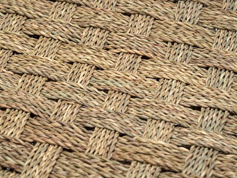 Handcrafted bench with shelves, raffia seat, natural wood bench