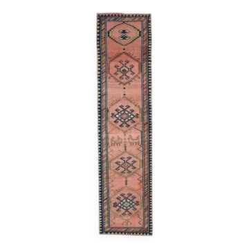 Tapis couloir turc Oushak vintage fait à la main en laine et coton rose