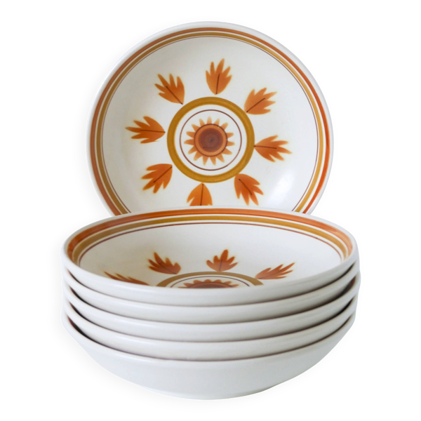 Lot de 6 assiettes creuses Longchamps à fleurs, Orange, 1970