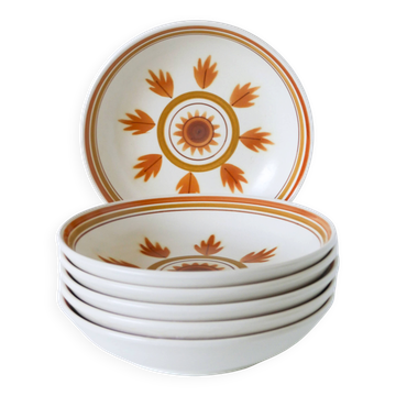 Lot de 6 assiettes creuses Longchamps à fleurs, Orange, 1970