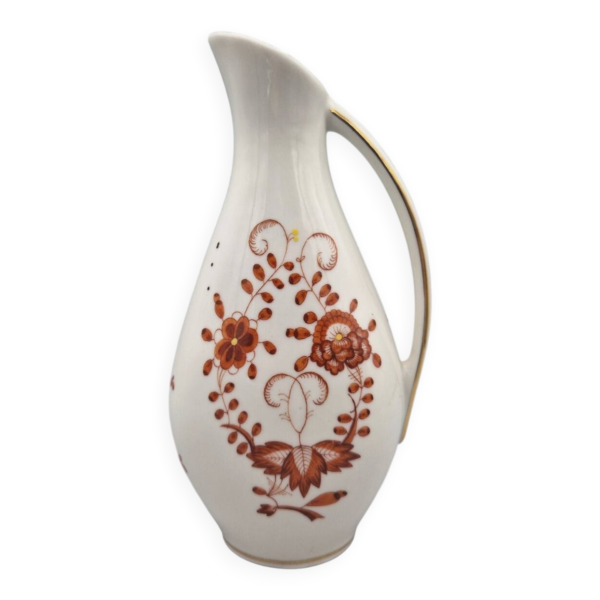 Hand painted German porcelain pitcher with floral design and gold trim