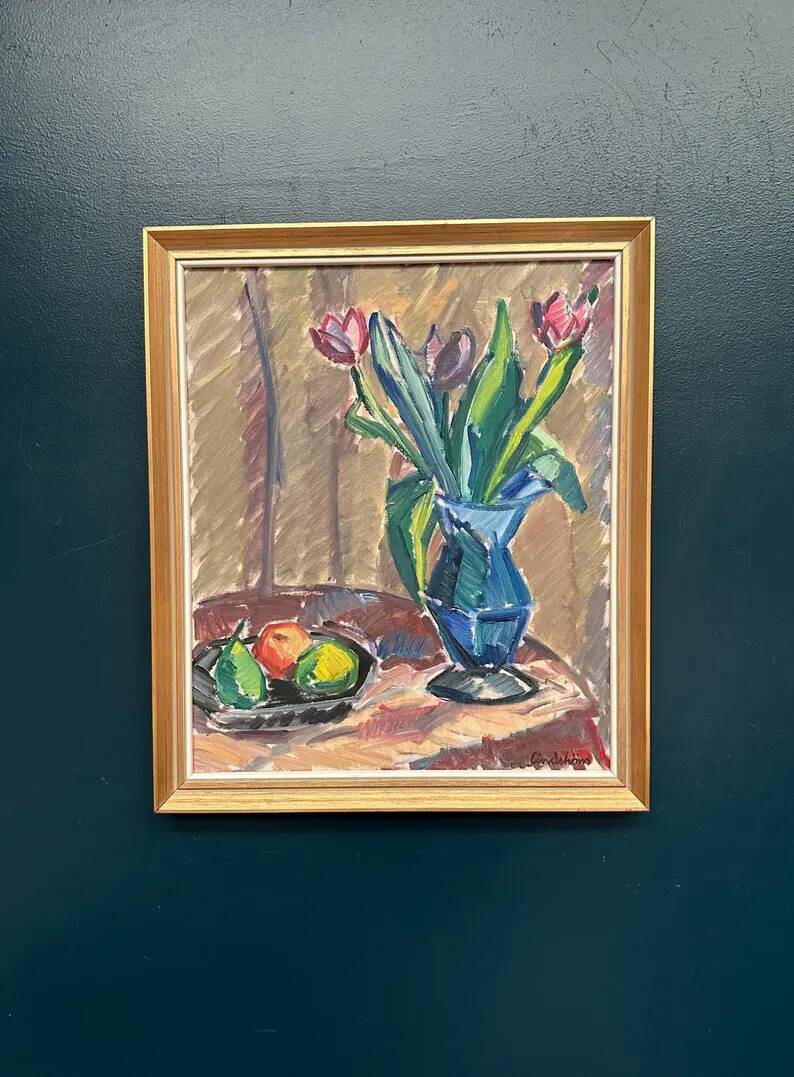 Original Swedish Oil on Canvas - 'Tulips' by Knut Lindström - Signed - Dated 1966 - Framed