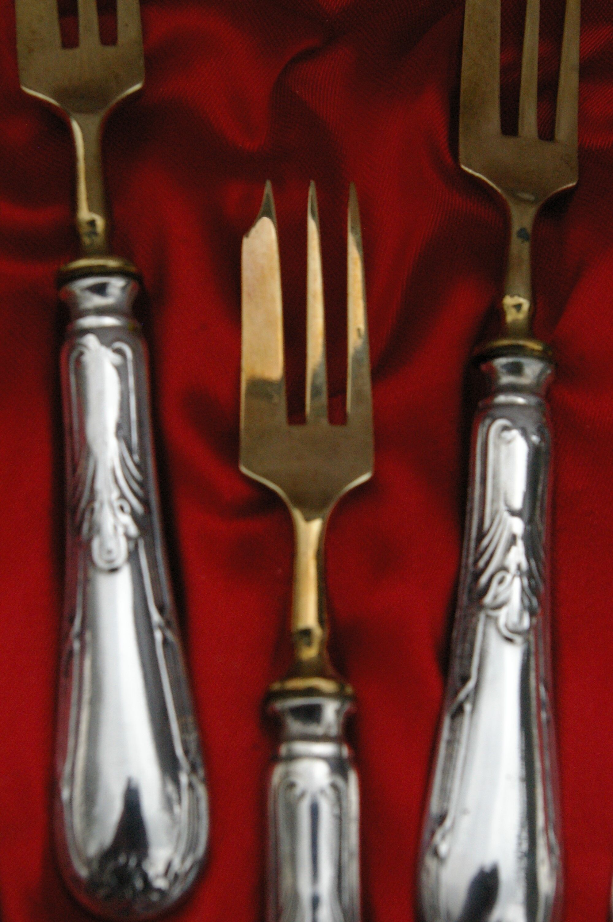 12 Cake Forks Silver Metal and Golden Blades Louis XVI Style