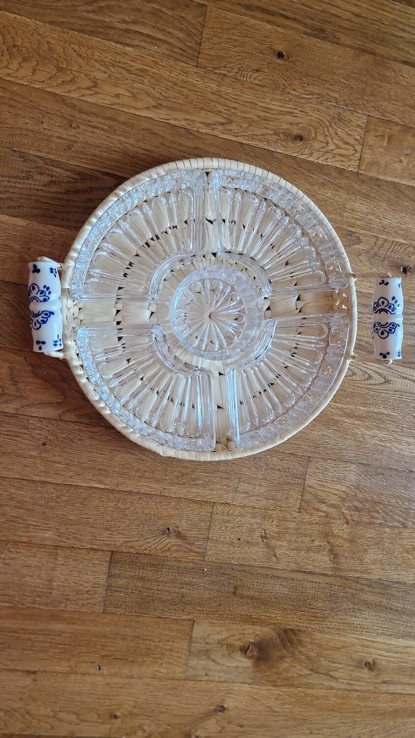 Old rattan raffia porcelain tray appetizer server ramekins vintage crystal dish