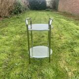 Pedestal table, vintage chrome steel saddle with 2 round windows