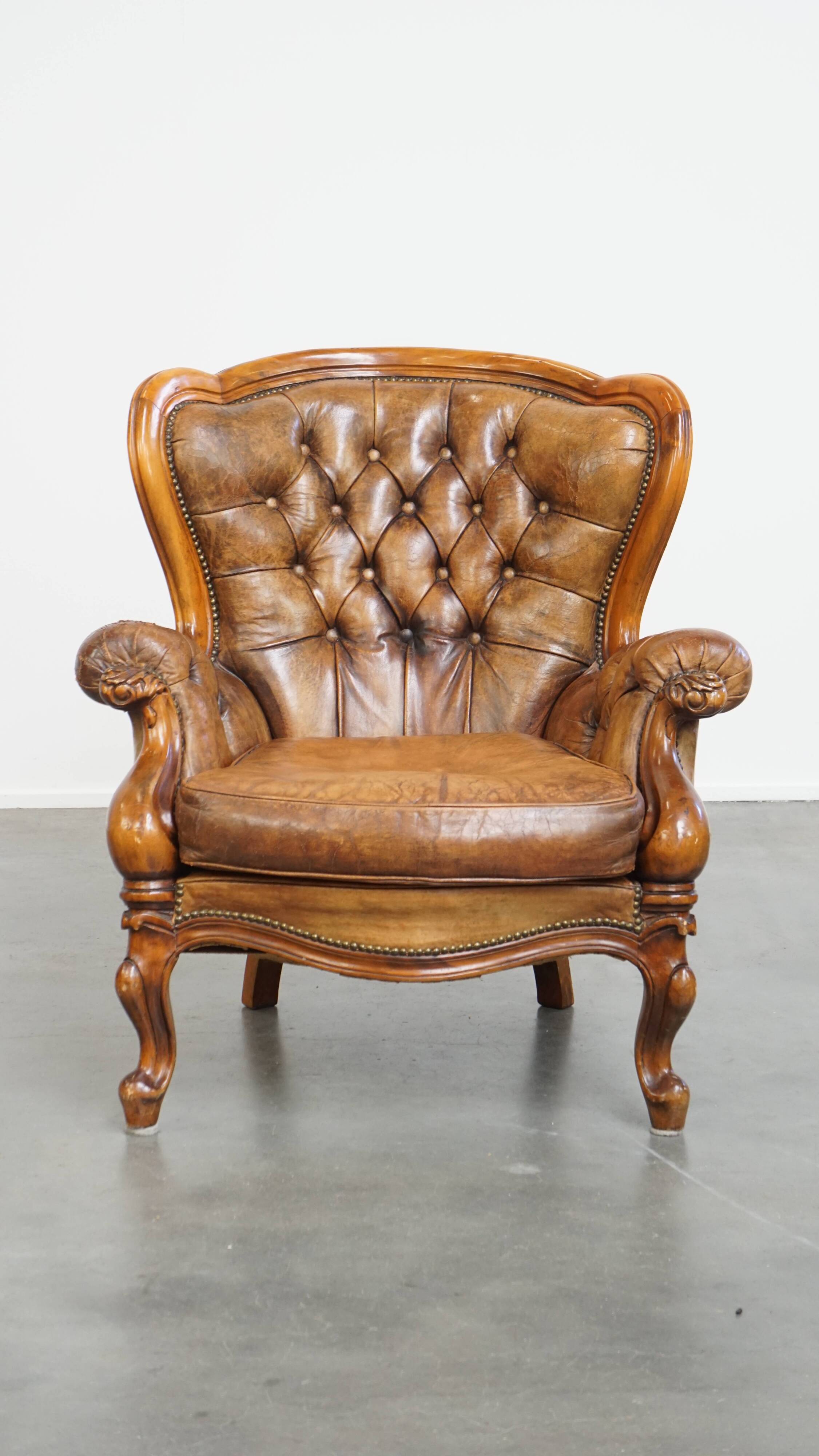 Antique Baroque Sheepskin Leather Chesterfield Armchair
