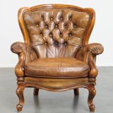 Antique Baroque Sheepskin Leather Chesterfield Armchair