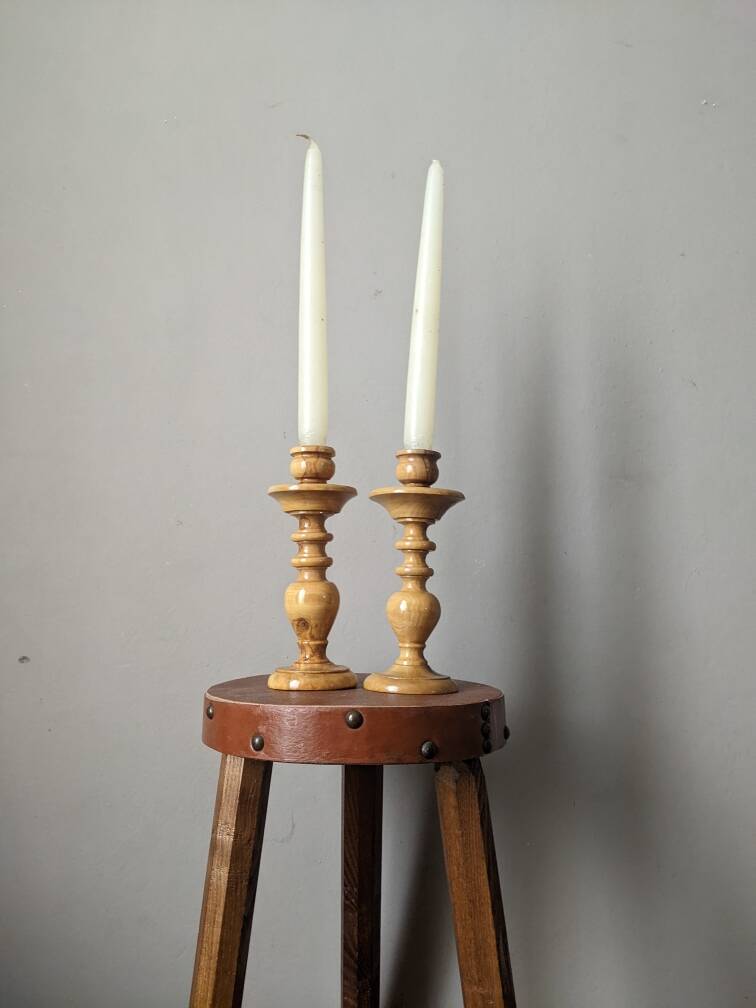 Pair of olive wood candlesticks, turned wood, handcrafted