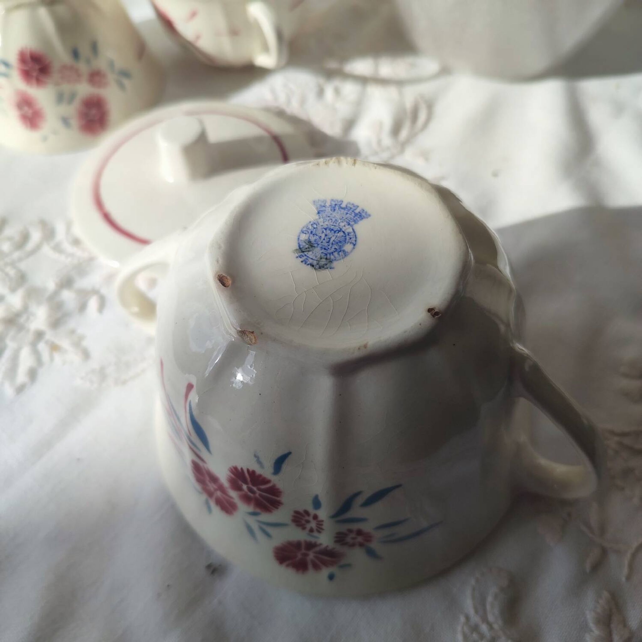 Set of 4 Badonviller Floral cups and a sugar bowl