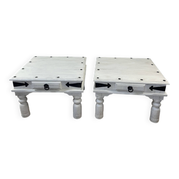 Tables basses (la paire) en bois patinée blanc et fer forgé noir 1990'S