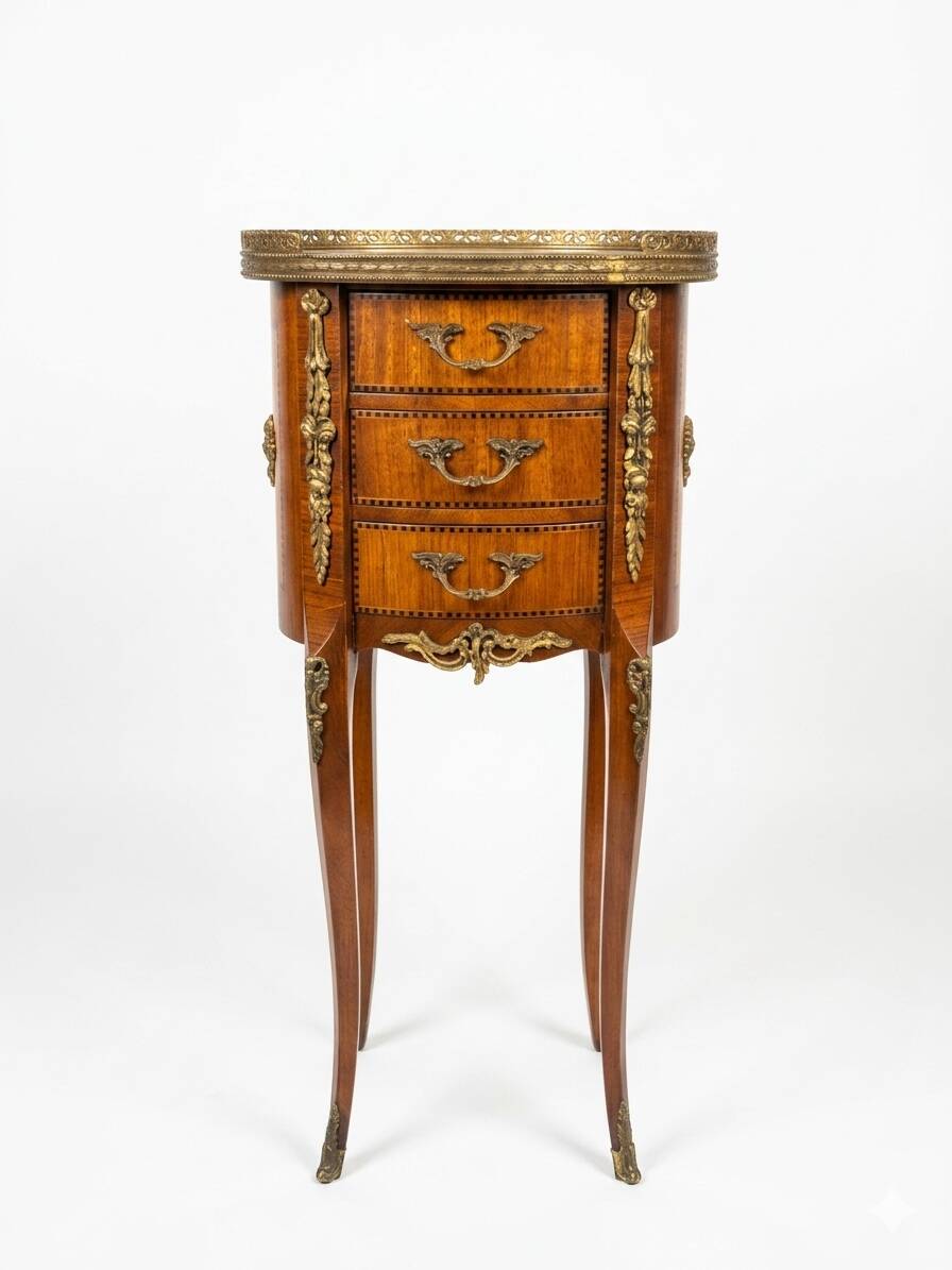 Oval bedside table in Louis XV style with marquetry.