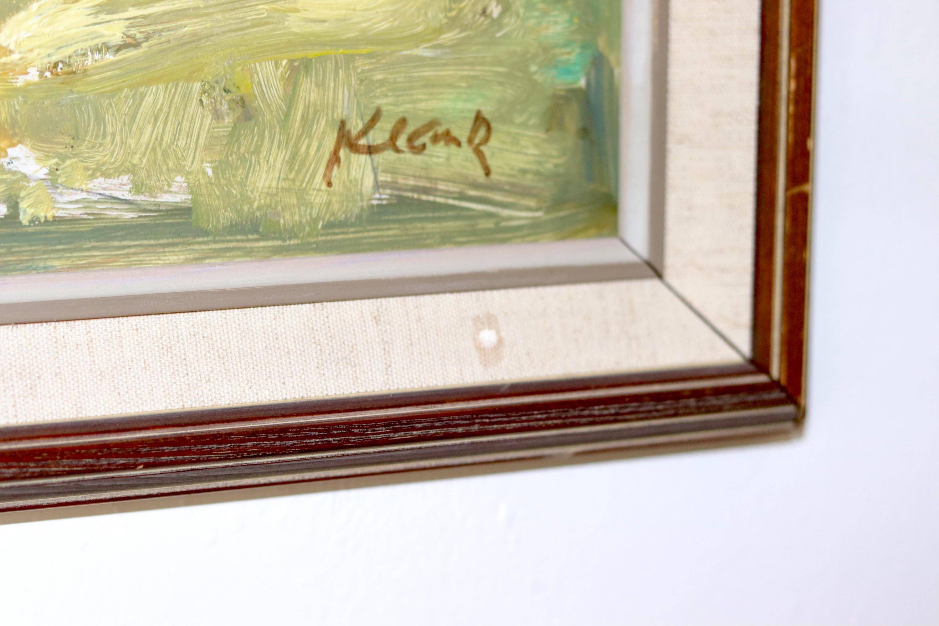 Oil painting on vintage panel "Mountain Cabin with Forest and Hills" - Vintage and framed