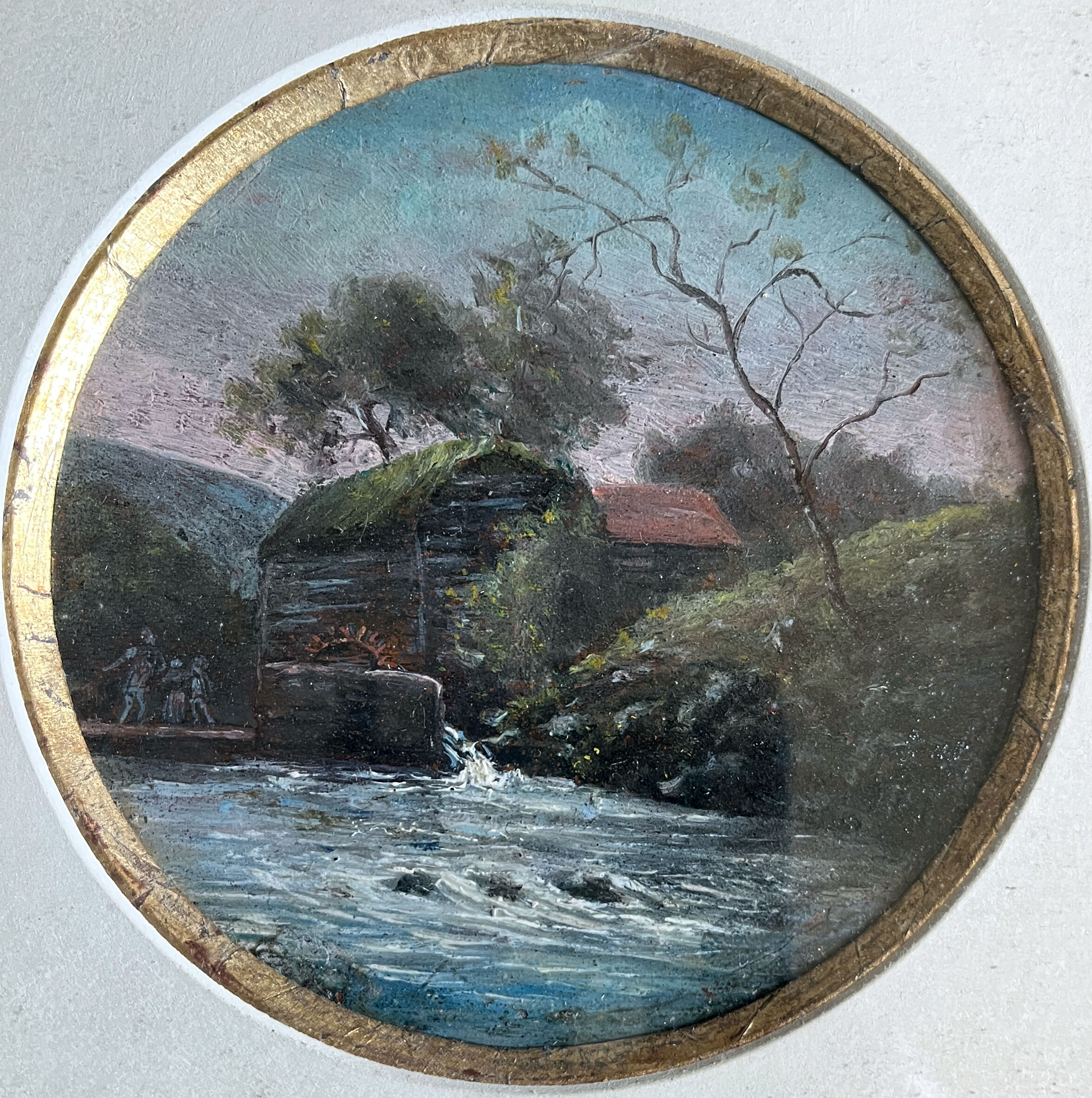 Tableau HSP Miniature "Animated Landscape with Watermill" 19th Century