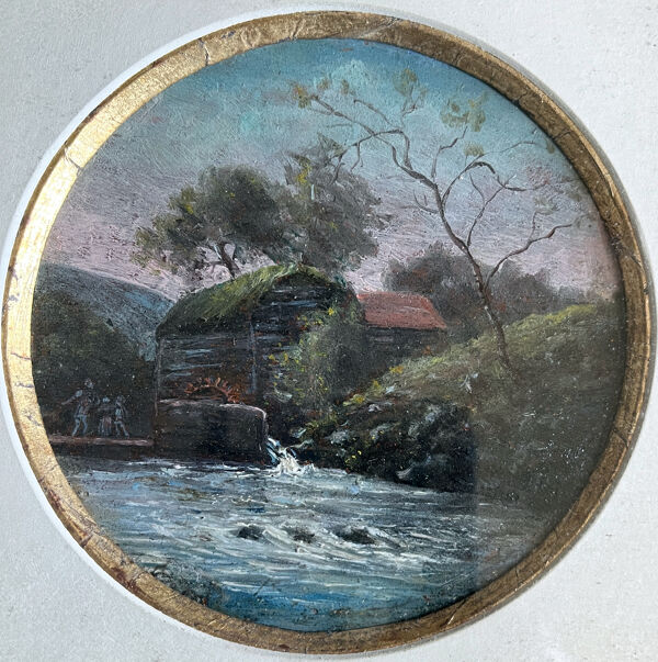 Tableau HSP Miniature ''Paysage animé au moulin à roue'' XIX° siècle